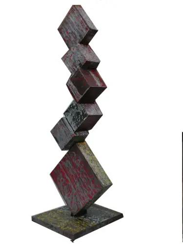 Product image of the product “Cubes Decor, abstract sculpture on base, 195cm height, sculpture from upcyceled oil barrel. ”